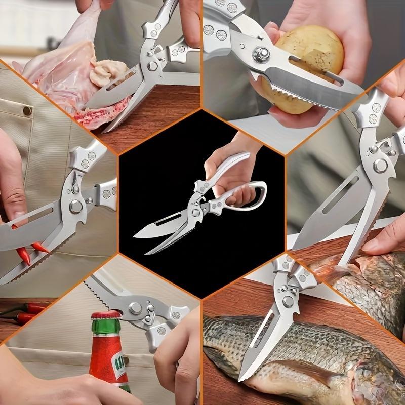 1pc Heavy-Duty Stainless Steel Automatic Kitchen Shears with Ergonomic Non-Slip Grip & Locking Mechanism - Professional Chef Scissors for Meat, Vegetables, Fish, Poultry, Food-Safe Cooking Tools, Kitchen Essentials | Modern Kitchenware | Durable Con