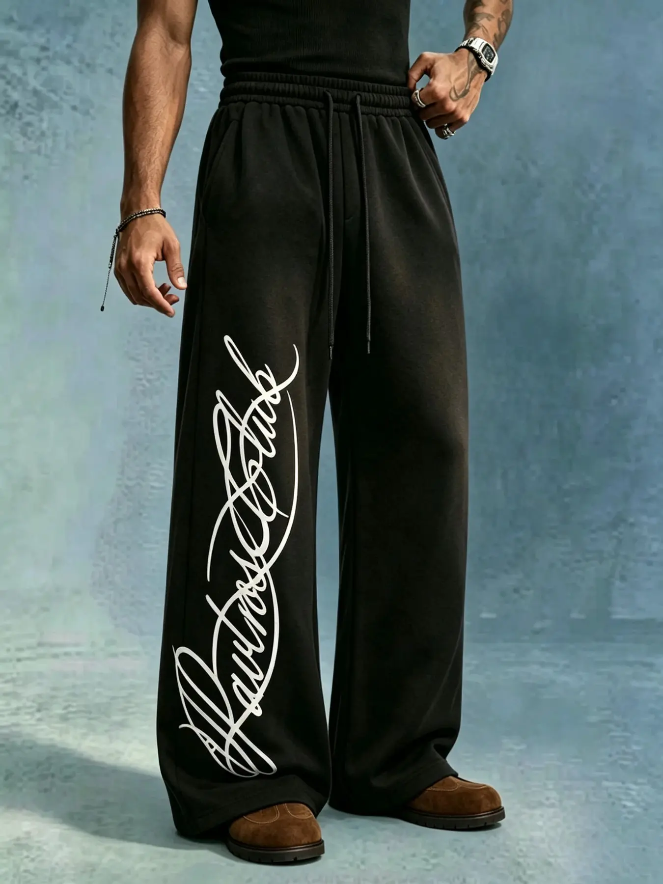 Men's Vintage  Black Wide Leg Sweatpants, Graffiti Script Letter Print Streetwear Joggers, Oversized Loose Fit Drawstring Pants with Pockets, Perfect for Daily Wear, Street Style, Hip Hop Outfits and Casual Loungewear