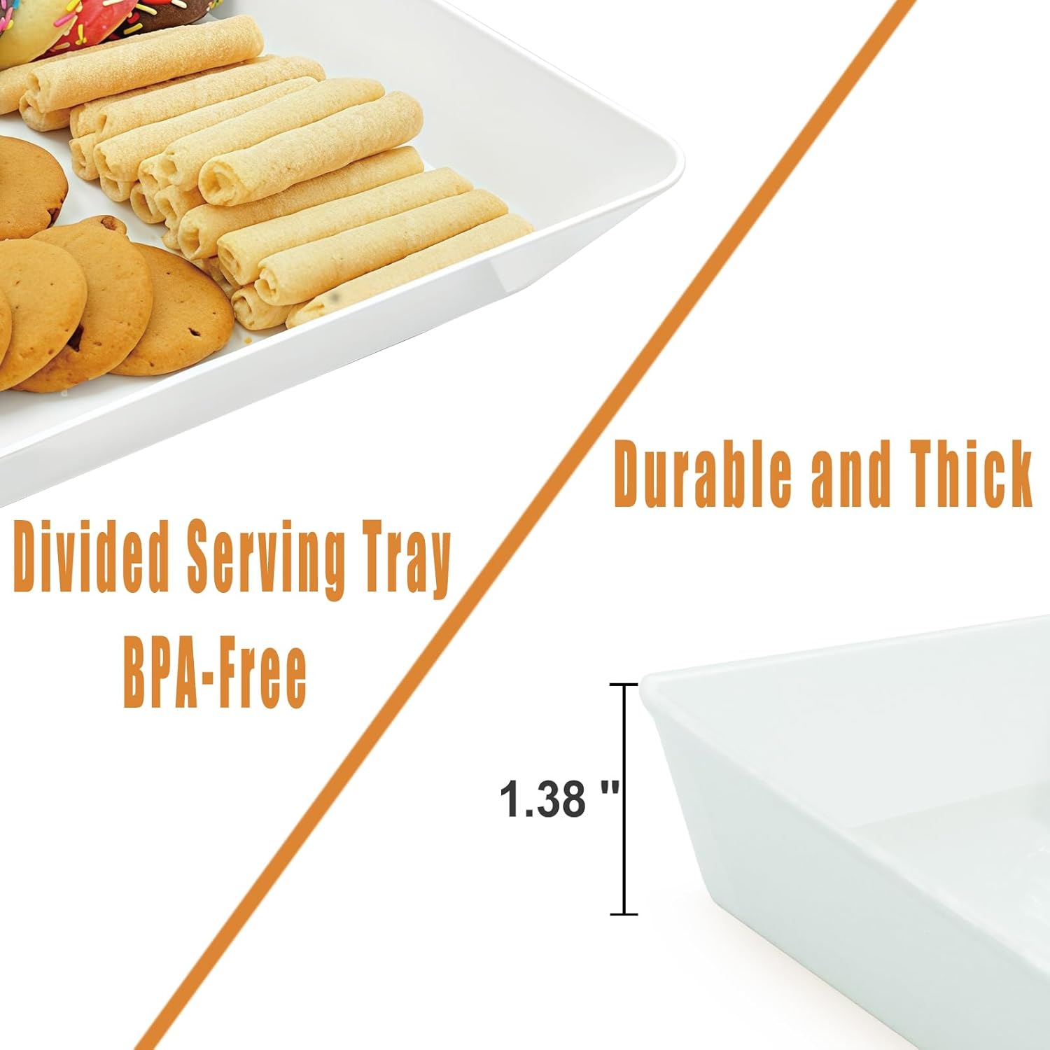 Serving Tray Platter Rectangle, 4 count Long Narrow  Tray for Veggie Fruit Snack Dessert, Plastic White  Trays for Party Supplies Display, Rectangular Platters for Serving ,