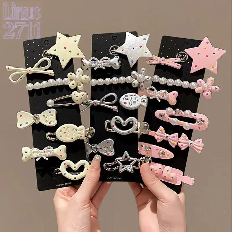 8pcs Y2K Cute Candy Dot Hair Clips Multi Shape Star Heart Bow Pearl Floral Metal Duckbill Barrettes Girls Side Bang Broken Hair Fixed Daily Fashion Hair Accessory Set