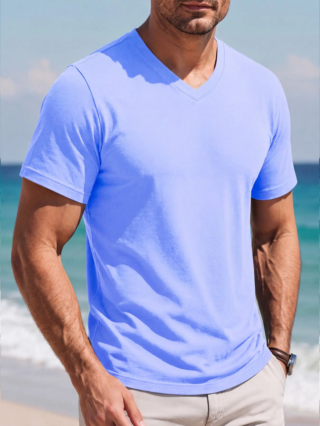 Men's Sky Blue Fitted V-Neck Short Sleeve T-Shirt, Plain Casual Top, Summer Daily Wear, Versatile Basic Tee for Men