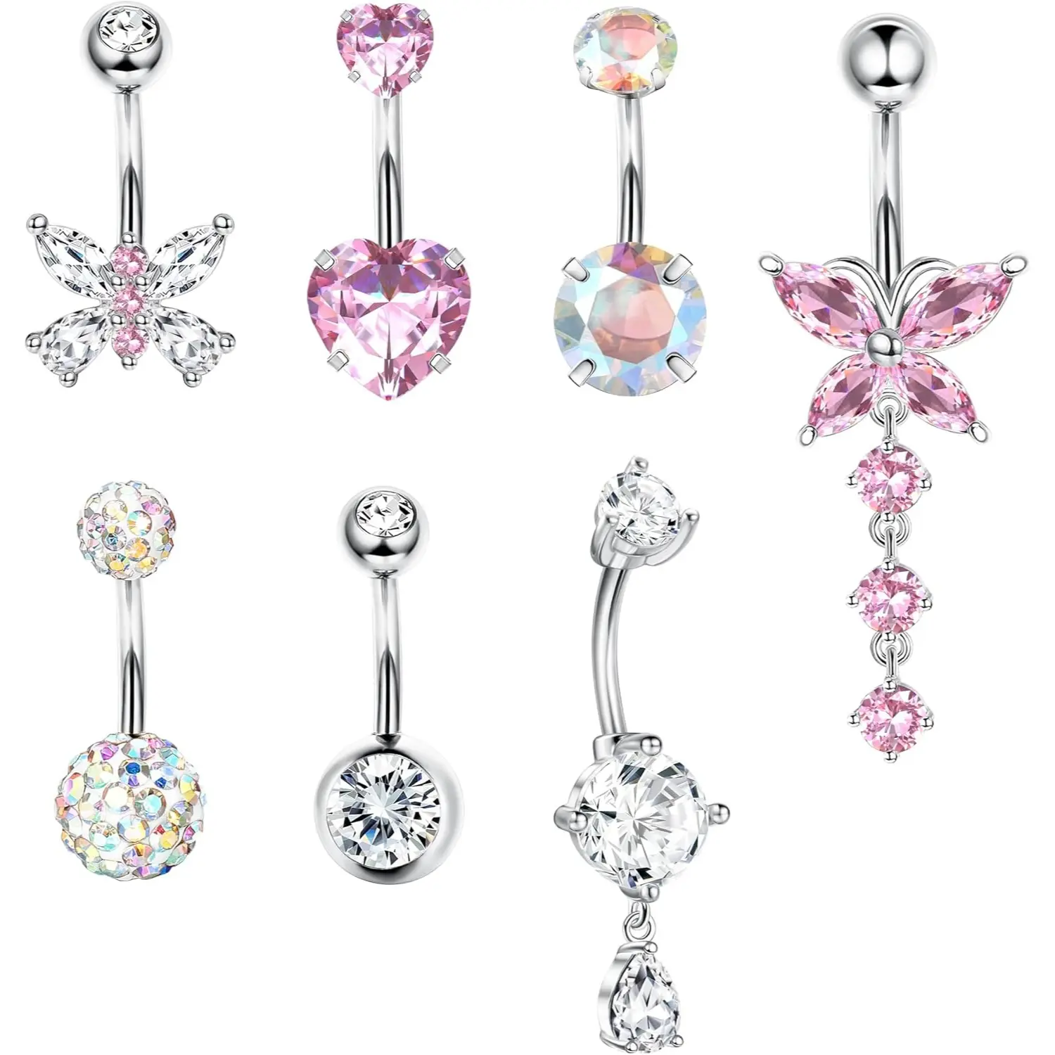 FIASASO Gold Belly Button Ring Navel Piercing Jewelry - Surgical Steel Dangle Belly Rings for Women 14G Dainty Colorful Pink Belly Button Piercing Gold Silver Tone
