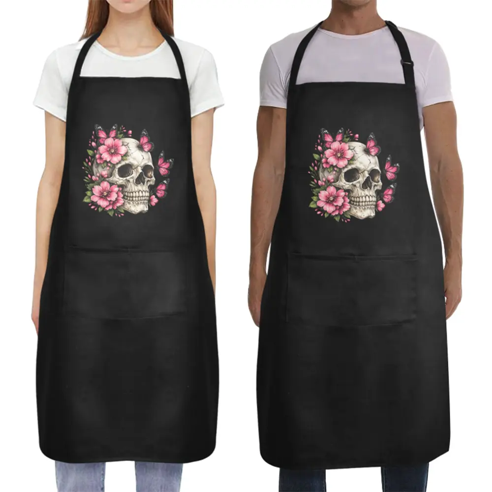 Personalized Waterproof Apron For Men Women 2-Pack, Pink Floral Butterfly Skull Graphic Apron,Adjustable Kitchen Apron With Pockets, Custom Image Available, For Cooking BBQ Art Painting Florist Housework