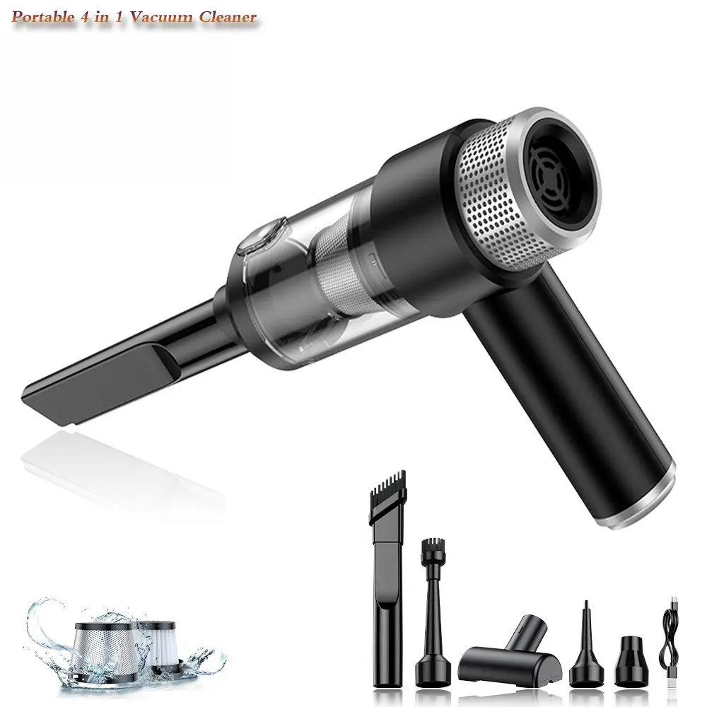 One piece of Handheld 50w 4-In-1 Multi-Functions Vacuum Cleaner, Dust Blower, Inflating, Air Pump, Rechargeable Electronic Dust Remover for Home or Car application.