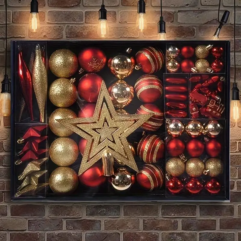 Set of 88 Gold Christmas Decorations, Festive Painted Hanging Ornaments, Tree Topper Unique Shapes, Ideal for Holiday Parties