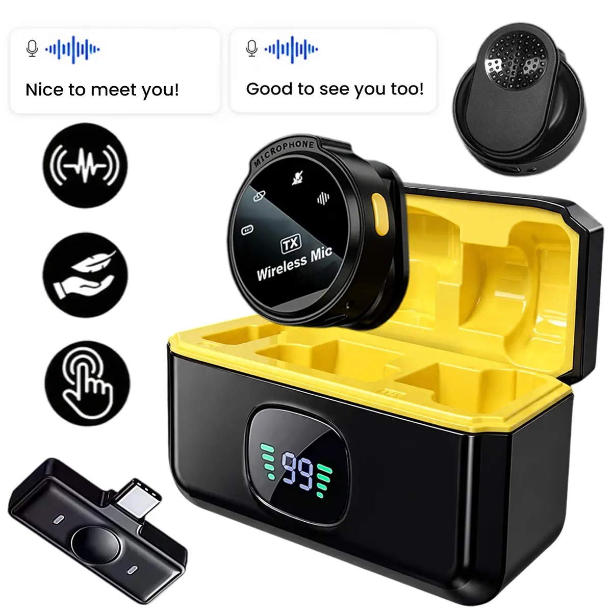 Professional Wireless Lavalier Microphone, Dual Mic System with 48KHz Audio, Dual Noise Cancellation, Real-Time Monitoring, 50m Wireless Range for Podcast, Interview & Vlog