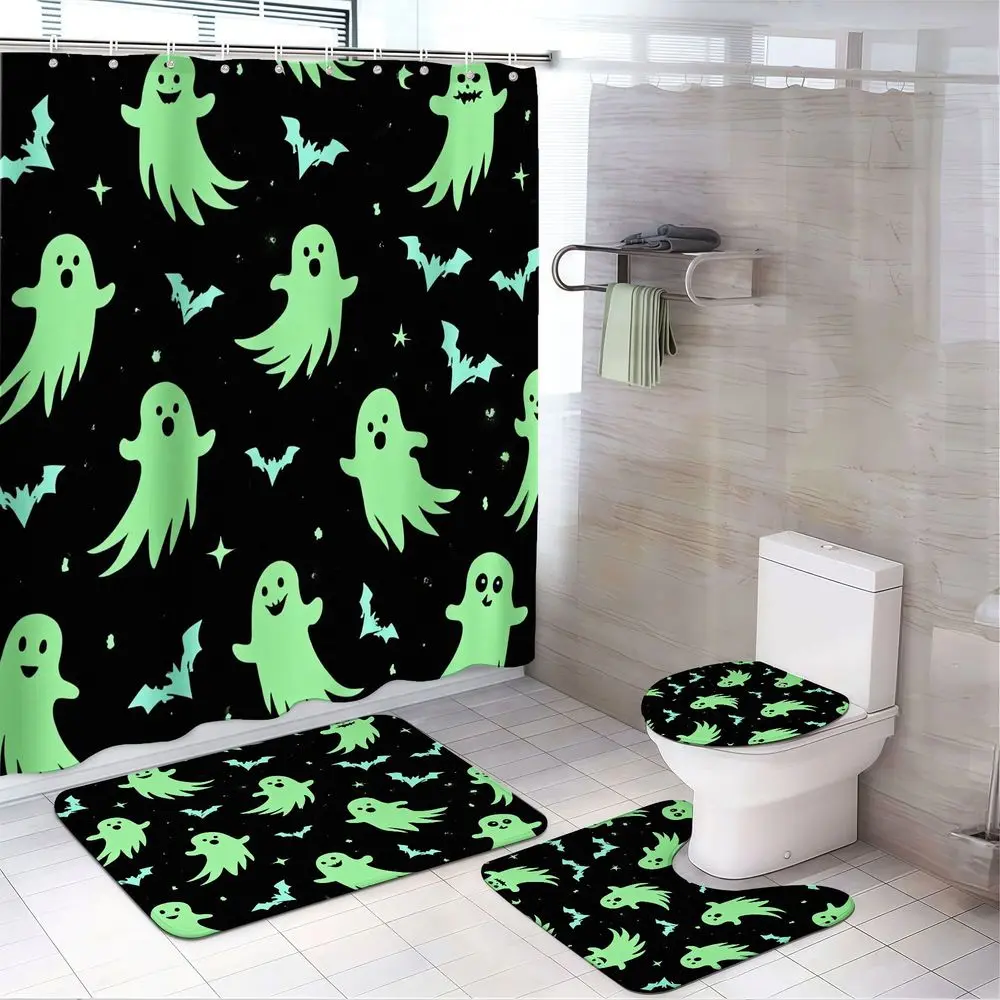 4pcs Spooky Halloween Ghosts Pattern Bathroom Shower Curtain Set, Cute Glow Style Phantom Prints, Night Sky Bats Stars Witchy Decor, TikTok Trend Hot Search