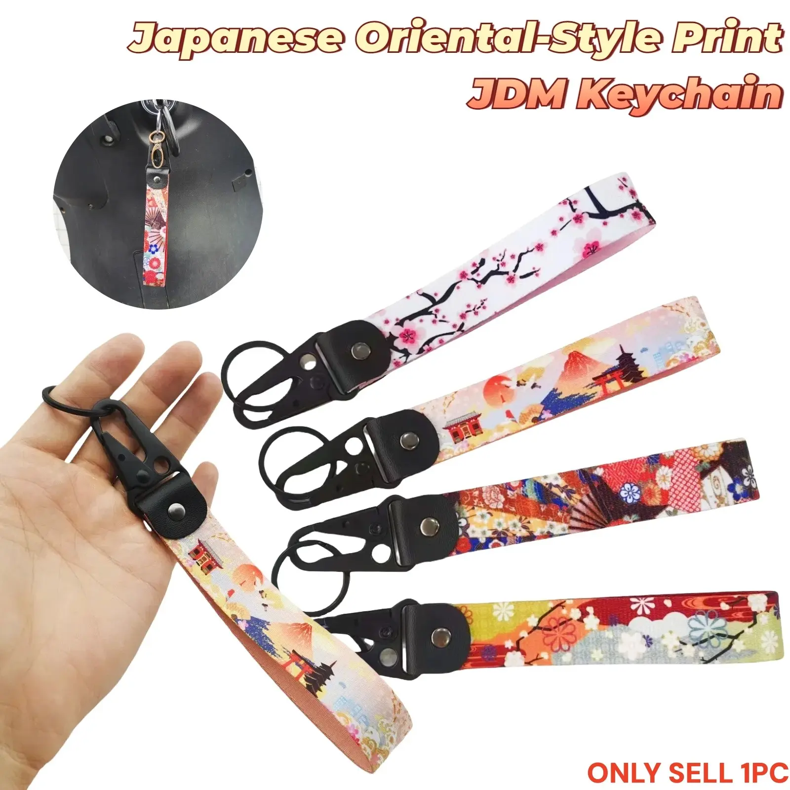 Japanese Oriental Print JDM Keychain Car Key Ring Featuring Sakura Fuji Mountain Temple & Fan Motifs with Wrist Lanyard & Backpack Hook, The Ideal Keychain for Men & Women Perfect for Motorcycles & Auto Accessories