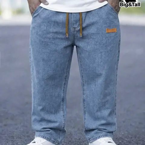 Plus Size Men's Urban Hip Hop Street Style Loose Straight-Leg Denim Jeans Retro Vintage 90s Y2K Style Solid Color Casual Pants, Ideal Gift for Family and Loved Ones