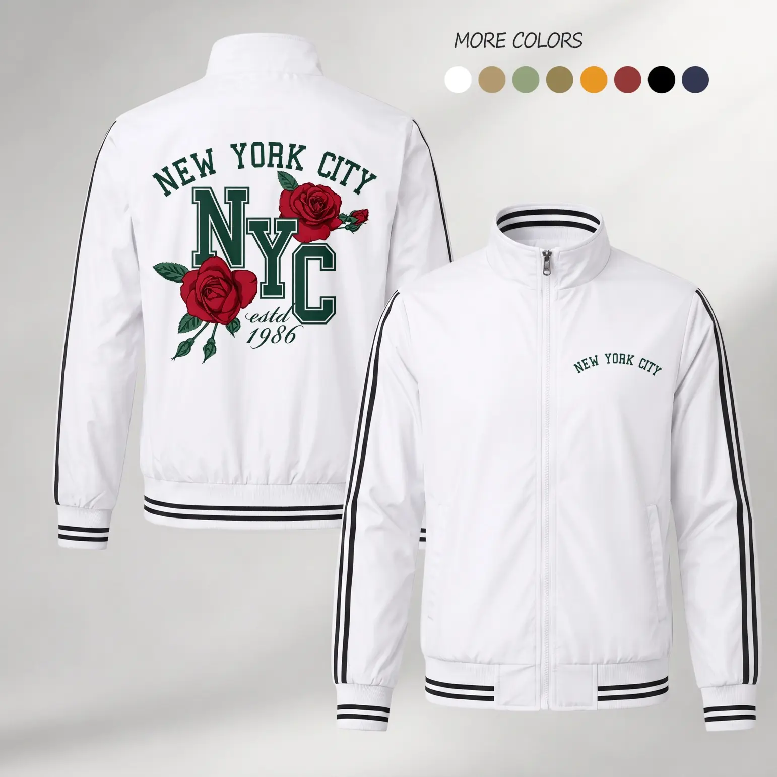 Men’s New York City Lightweight Zip Up Track Jacket, Stand Collar Sports Outerwear, Front Chest and Back NYC Rose Graphic Print Coat, Casual Long Sleeve Jacket for Spring Fall Daily Wear