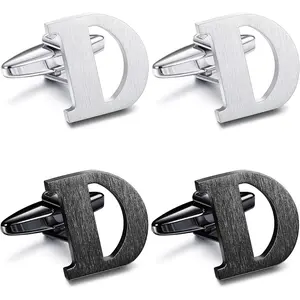 4Pcs Initial Letter D Cufflinks for Men, Brushed Stainless Steel Silver Black Cuff Links, Personalized Alphabet Cufflinks for Wedding Business Formal Shirts