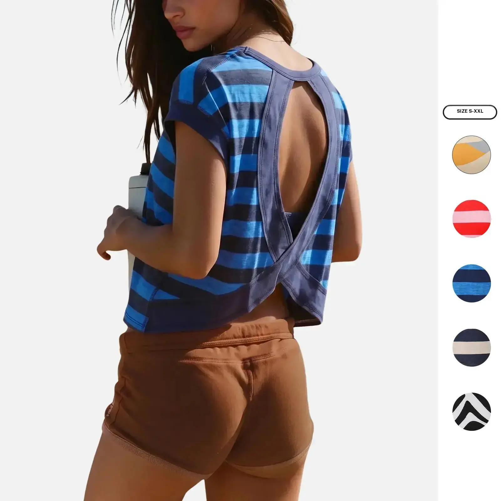 Imily Bela Women's Summer Striped Short Sleeve Open Back Athletic Workout T Shirt Loose Casual Activewear Tee