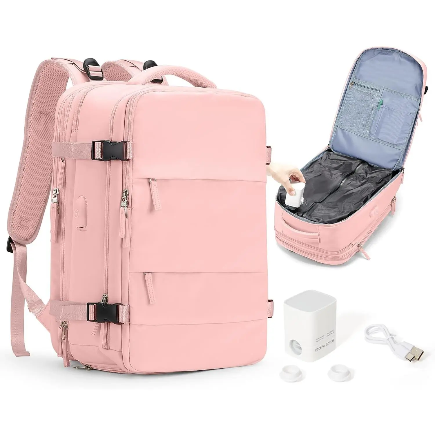 Vacuum Backpack Travel with Pump,Vacuum Seal Bags for Clothing Travel,18×14×8 Personal Item Travel Bag Flight Approved,Pink