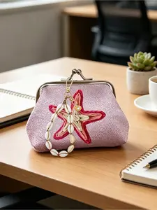 Bohemian-style starfish coin purse with shell keychain, mini coin purse, ocean-themed design; summer beach-style kiss lock coin purse; seaside handmade woven star-shaped embroidered small bag