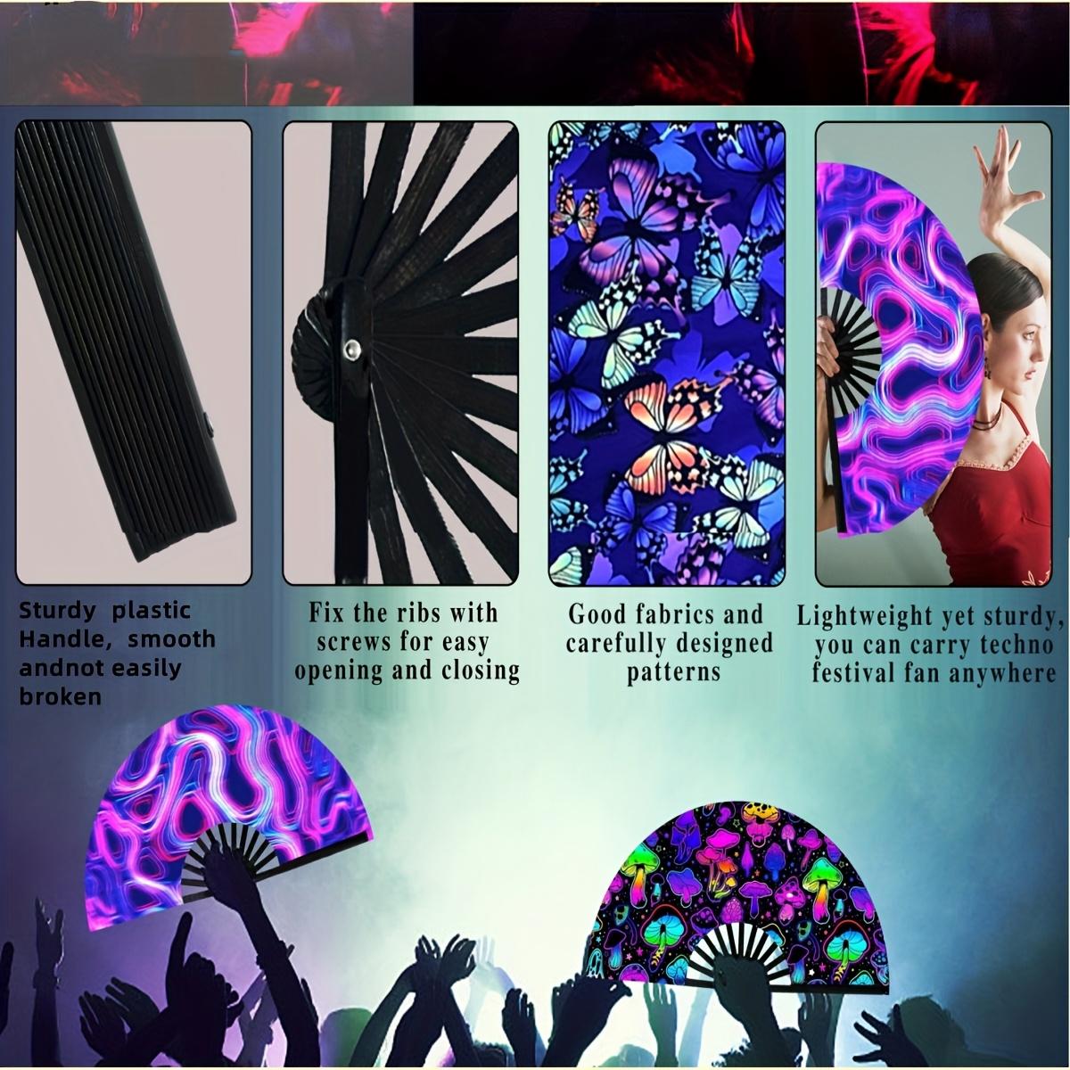 13-Inch 4D printing Neon Birthday Party Fan Blue/Silver/Rainbow/Pink/Black Glow Neon Holo graphic Hand Fan with Water-Resistant, Sweat-Proof Coating Perfect for Music Festivals, Nightclubs, Raves, Outdoor Parties & Hot Weather Events (Vibrant Neon Style)
