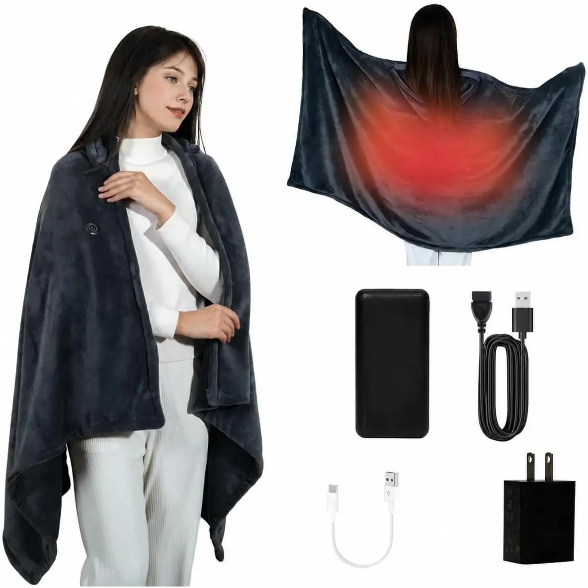 Cordless Heated Blanket with , USB   Heated Wearable Blanket with 9 Heating Zones, 20000 mAh Power , 3 Levels, Portable Heated Throw Blanket, Heated Shawl