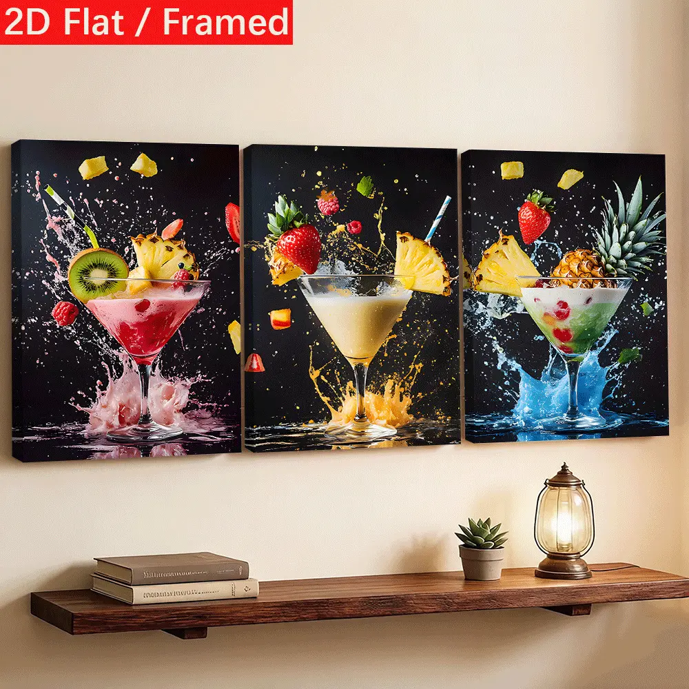 3 PC Framed Canvas Wall Art, Modern Minimalist Frame, Fruit-Themed (Pineapple, Strawberry, Kiwi) Kitchen Home Decor Poster Print - Suitable for homes, kitchens; Ideal festival gift, Wall decor
