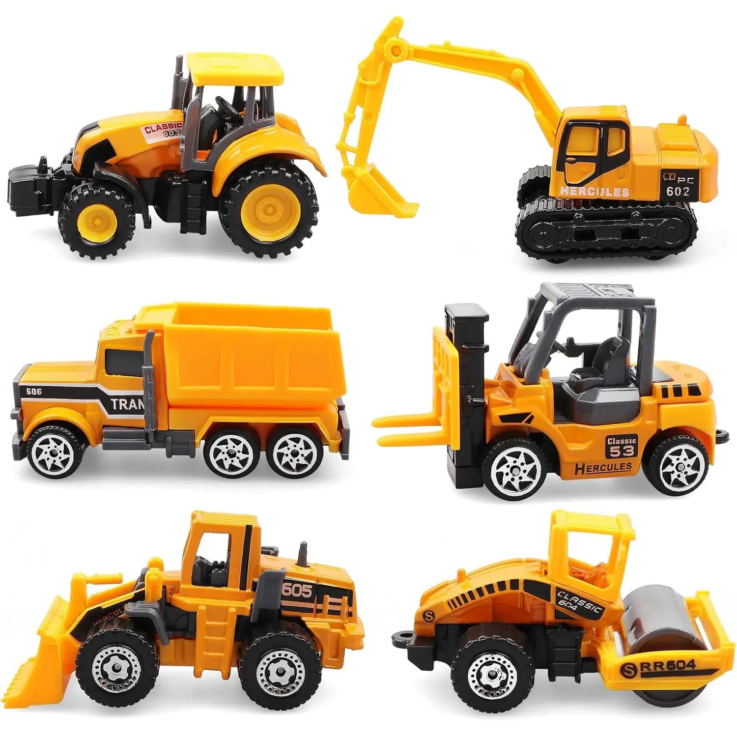 6-Pack Unisex Metal-Plastic Diecast Mini Construction Vehicle Toy Set - 2.5-3 Inches, Excavator, Dump Truck, Bulldozer, Cement Mixer, Forklift, Safe Edges, Collectible, Realistic, for Kids Ages 3+, Birthday Party Favors