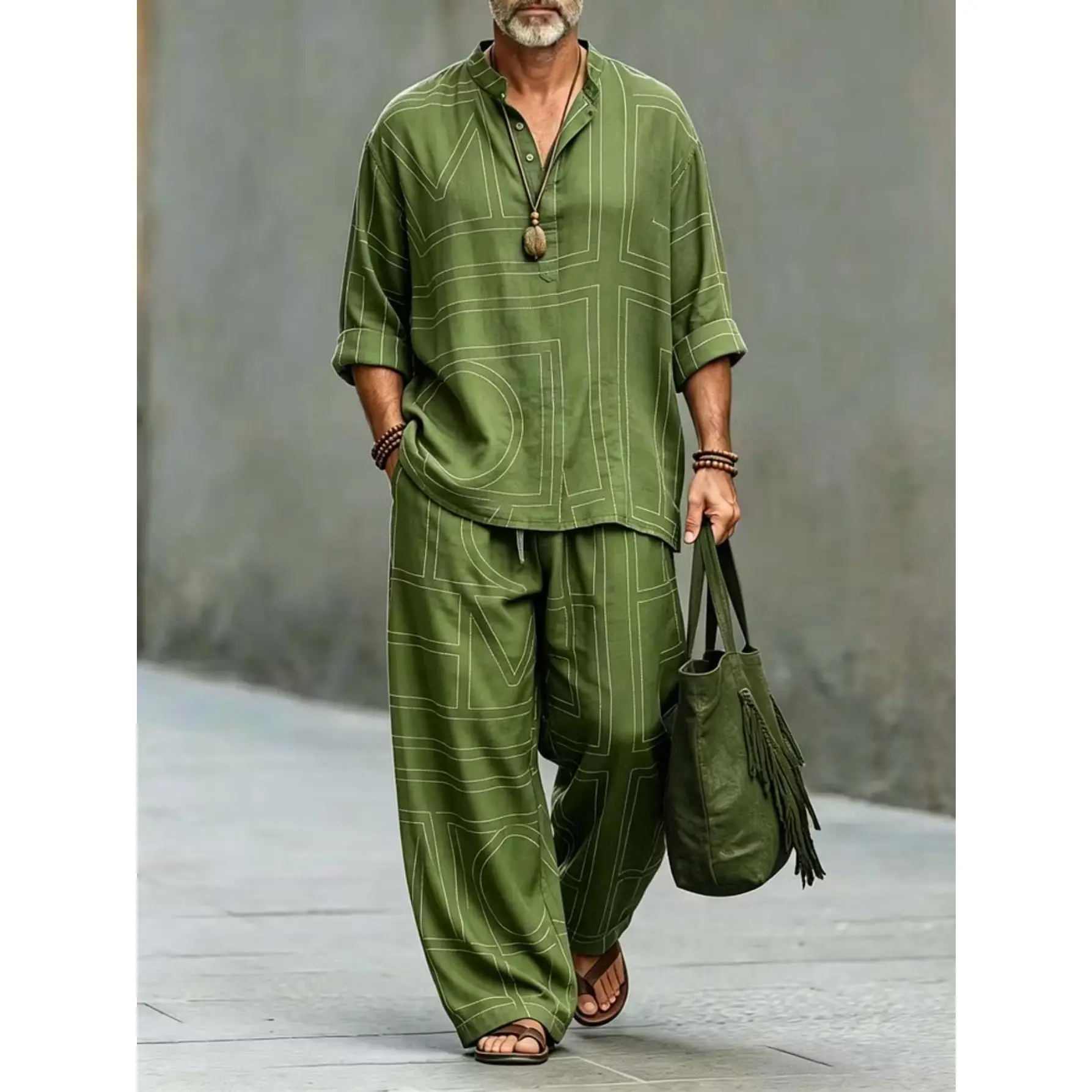 Men's Geometric Print 2-Piece Casual Outfit Set - Stand Collar Half-Placket Long-Sleeve Shirt + Drawstring Wide-Leg Pants, Menswear Clothing Set
