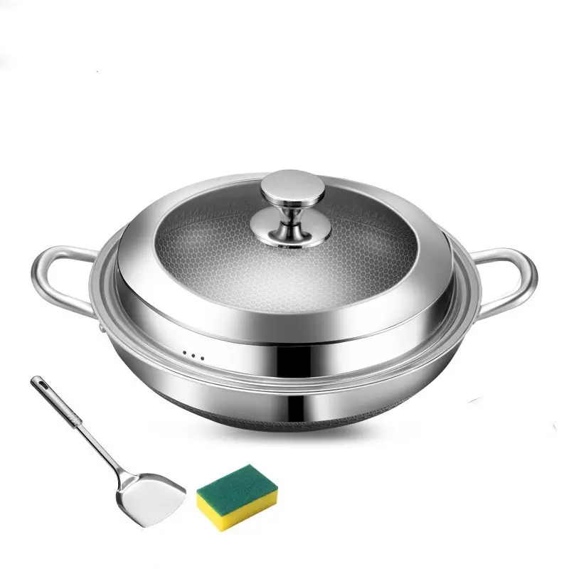 Large Capacity Stainless Steel Wok, Dual Handle Non-Coated Cooking Pot, Low Smoke Home Kitchen Wok, Universal Stove Compatible