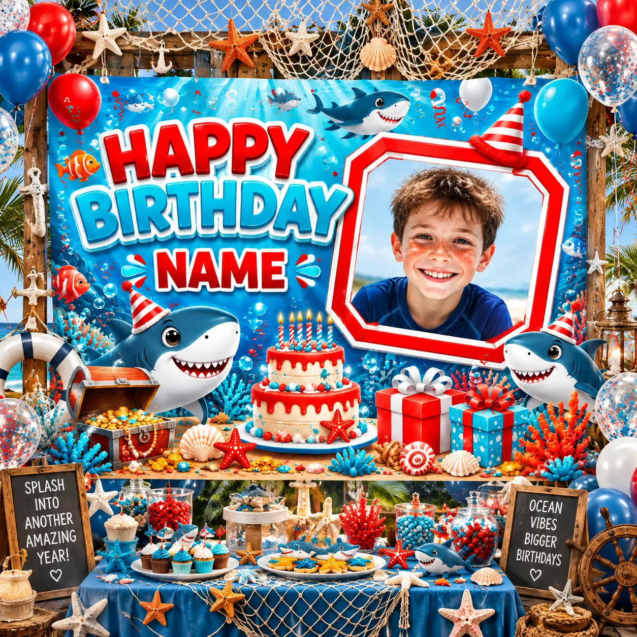 Custom Photo & Name Personalized Shark Birthday Backdrop, Ocean Adventure Party Decoration for Boys, Birthday Photo Booth Background
