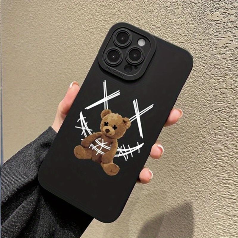 Dark Aesthetic Teddy Bear Tuff Phone Case for iPhone 11 12 13 Mini 14 15 Plus 16 E 17 Pro Max Plus E, Y2K Streetwear Cross Eyes Bear Shockproof Protective Cover