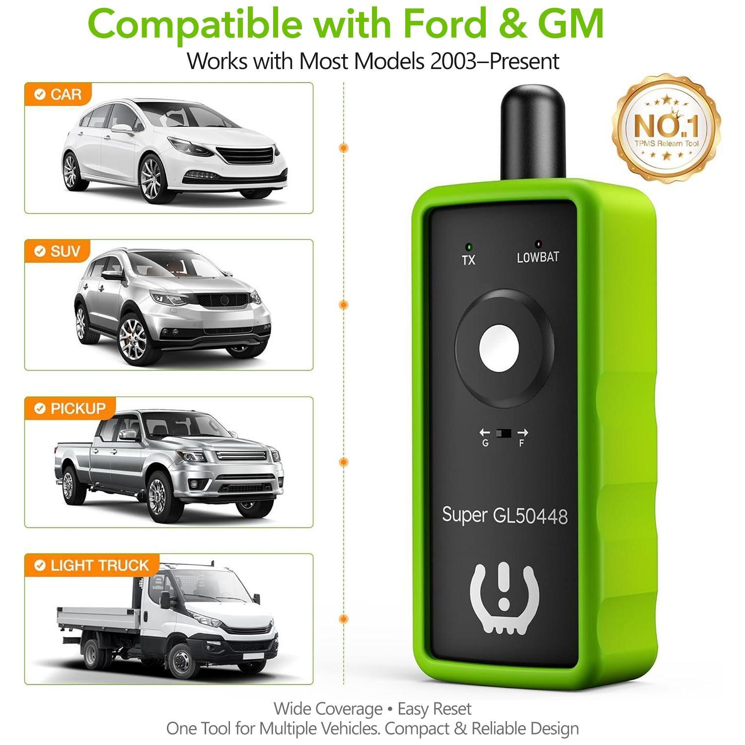 [For GM&Ford]VXDAS Super GL50448 2-in-1 TPMS Relearn Tool for GM & Ford |Green Edition Tire Sensor Reset Tool | One-Switch Activation for F150, Silverado, Sierra, Buick, Lincoln