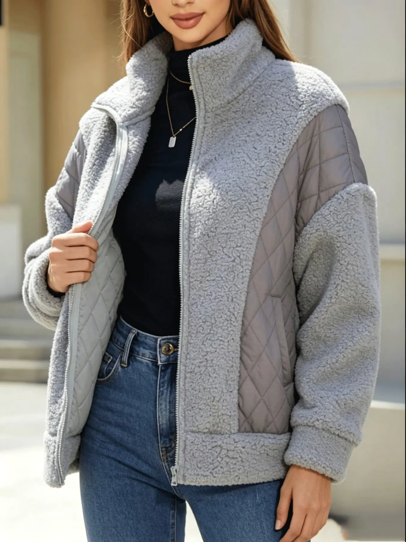 Women's Fall Winter Fashion Long Sleeve Zipper Patchwork Coat, Casual Fitted Outerwear, Unlined