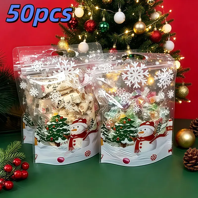 50 Christmas Snowman Reusable Bags, Sealed Freshness Transparent Design, Ideal for Candies & Cookies, Perfect Holiday Gift Packaging