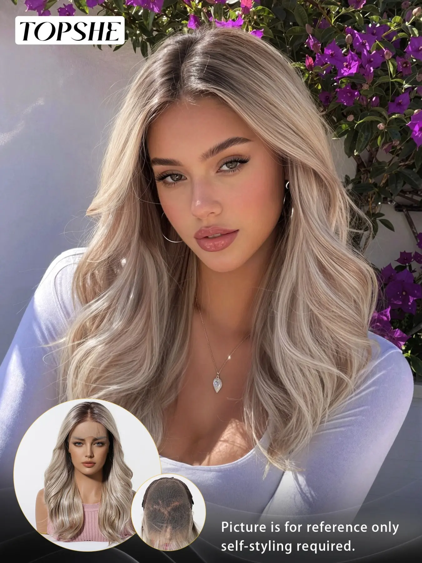 Topshe 13x6 HD Skin Melt Zero Plucked Transparent Lace Front Wig, Dark Root Ombre Platinum Silver Soft Loose Water Wave Long Curly Synthetic Hair Wigs, Hand-Tied Realistic Mono Scalp, Wear & Go Glueless No Bleach, Zero Tangle Heat