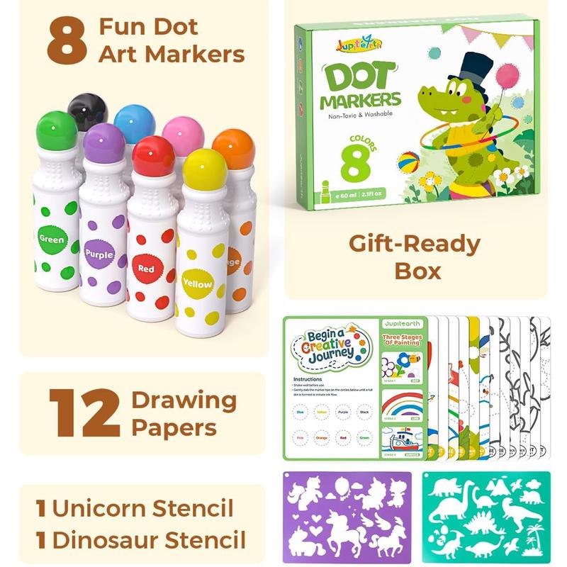 16 Color Dot Markers for Toddlers, Includes 120 PDF & 24 Printed Activity Papers, 2 Stencils, Washable Non-Toxic Bingo Daubers for Toddler Arts and Crafts, Preschool Art Supplies Gift Colorful Precision Pens Colorful Gel Pens, markers for coloring