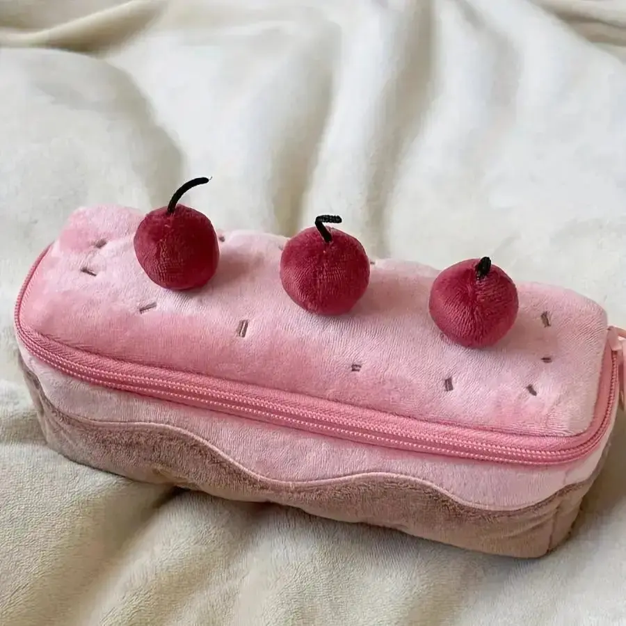 Plush Fabric Cherry Cake Pen Pencil Case, Cute Kawaii Large-Capacity Zippered Pouch, Soft Aesthetic School Organizer for Students, Office Use (Sports & Outdoor Lawn Games Beanbags Accessory)