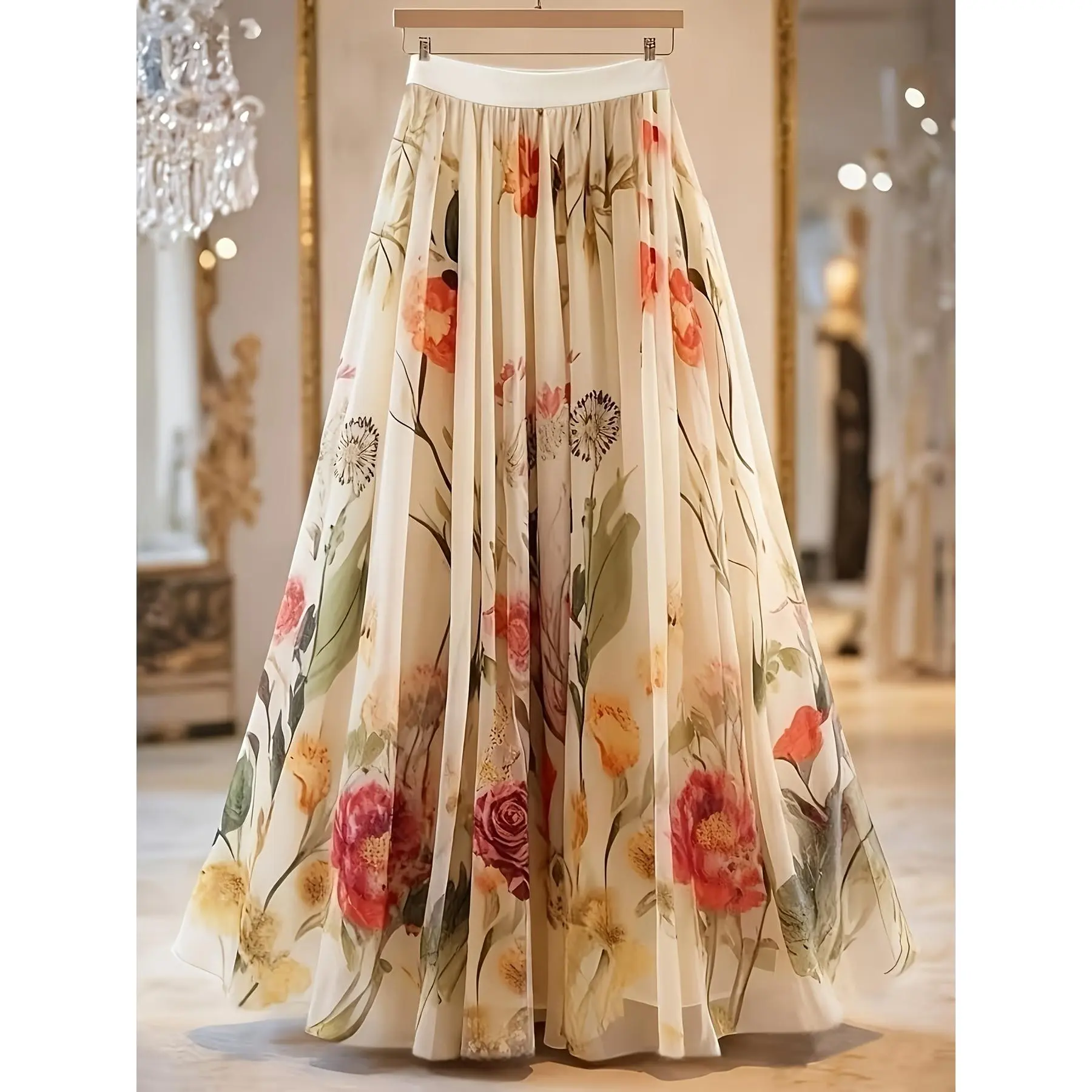 Spring/Summer Women's Elegant Printed Mid-Length A-Line Skirt with Layered Tulle Skirt. Elegant women's skirt suitable for daily wear, travel, and all seasons. Suitable for both casual and formal outfits