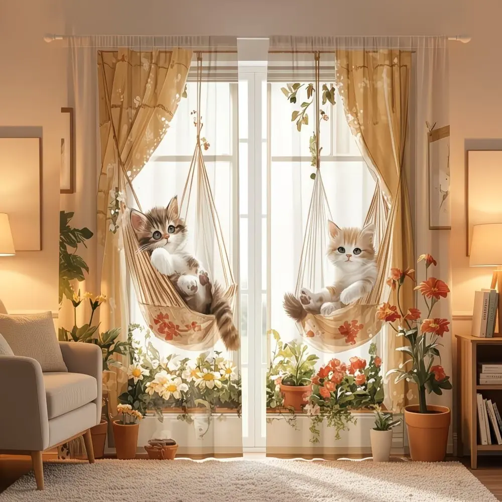 2pc Vintage Cat Pattern Curtains, Pocket Rod Installation, Digital Print, Polyester, Soft Light, Privacy Protection, Home Decor
