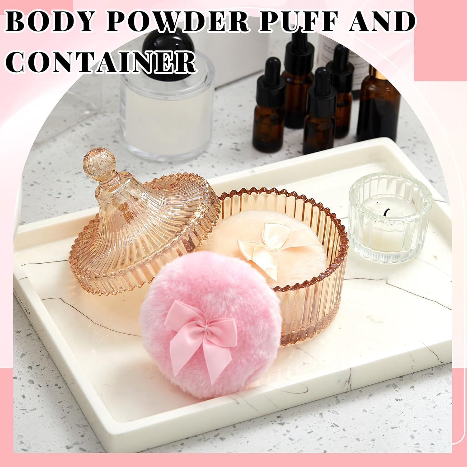 1 2 Body Powder Suction Cups 1 Glass Container Dry Cosmetic Powder Applicator with Dust Proof Cover Amber Iridescent Party Gift