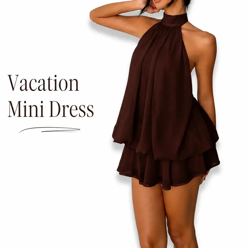 Women’s Halter Neck Chiffon Mini Dress, Self-Tie Open Back, Tiered Layered Ruffle Hem, Flowy A-Line Silhouette, Sleeveless Summer Beach Resort Vacation Party Casual Dress Formal Womenswear Basic Minimalist