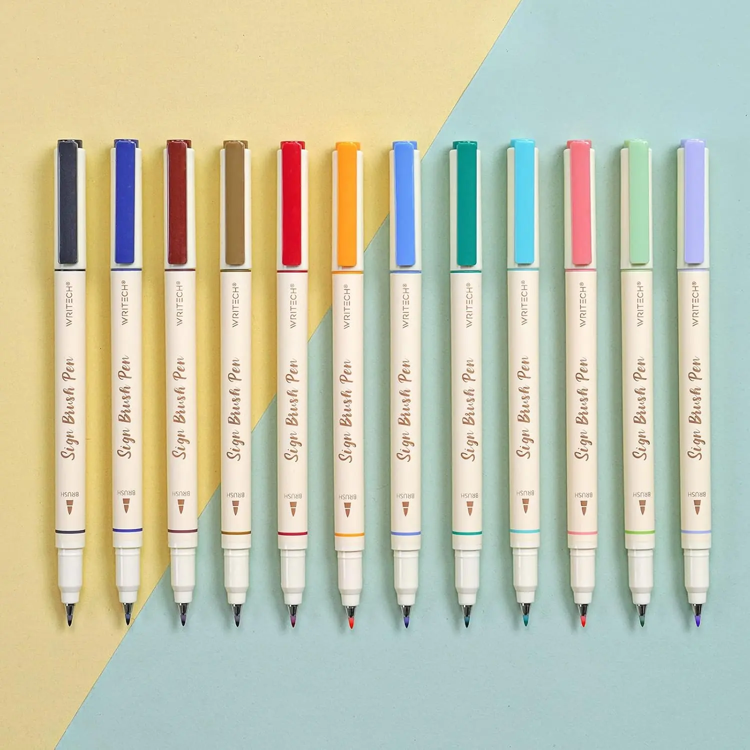 Arts Sign Brush Pen Brush Tip Marker Felt Tip Water Based Ink Color Pens 12 Assorted Pastel Colors Great Lettering, Journaling, Calligraphy (Natural)