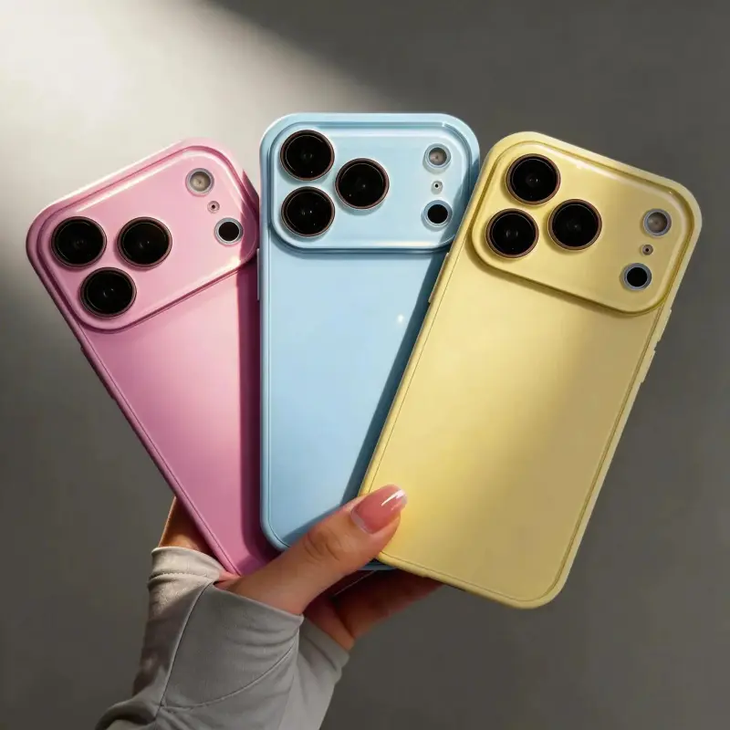 Candy Macaron Series – Skin-Feel Crystal Clear Case for iPhone 17/16/15/14/13 Pro Max |     Soft TPU Bumper + Hard PC Back |     Full Lens Coverage |     6 Pastel Colors (Light Pink, Hot Pink, Baby Blue, Yellow, White, Brown) |     Cute Minimalist Aesthet