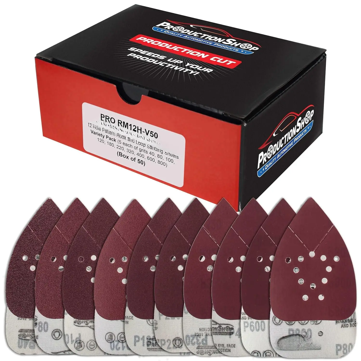 12-Hole   Detail Sander Sandpaper Sheets, 50 Disc Variety Pack, Grits 40, 80, 100, 120, 180, 220, 320, 400, 600, 800 - Hook & Loop Disc - Fits Black and Decker