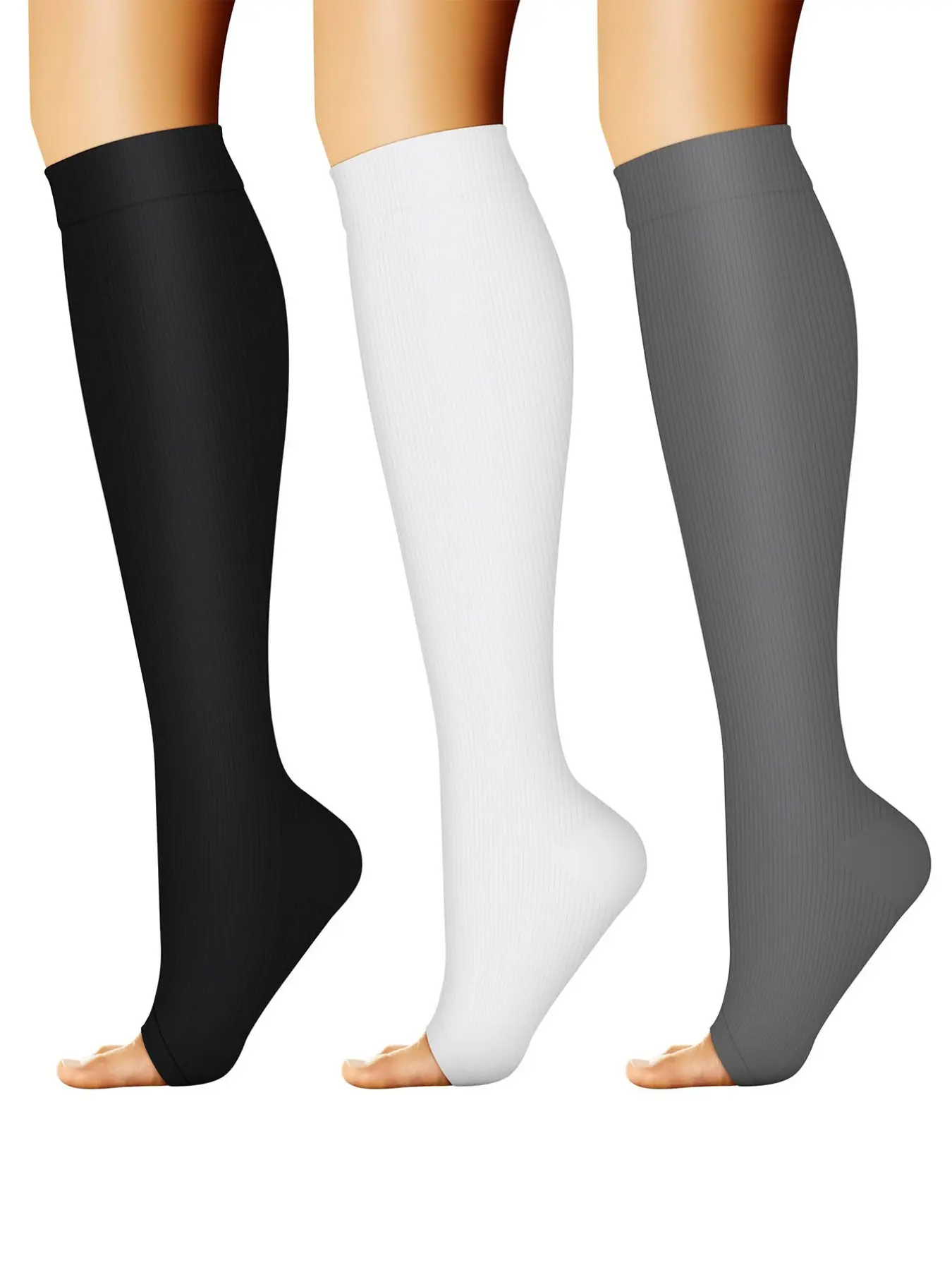 3 Pairs Open-Toe Compression Socks for Women Knee-High Sports Socks Workout Fitness Travel Socks Support for All Day Wear