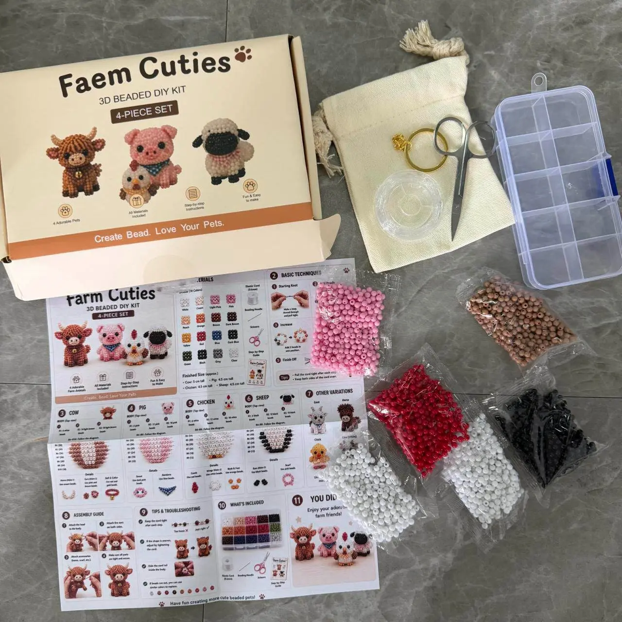 Adult and Teen DIY Animal Bead Set, Cute 3D Animal Jewelry Kit, Colorful Beads and Instructions, Creative Craft Supplies, Beading Making, New Arrival