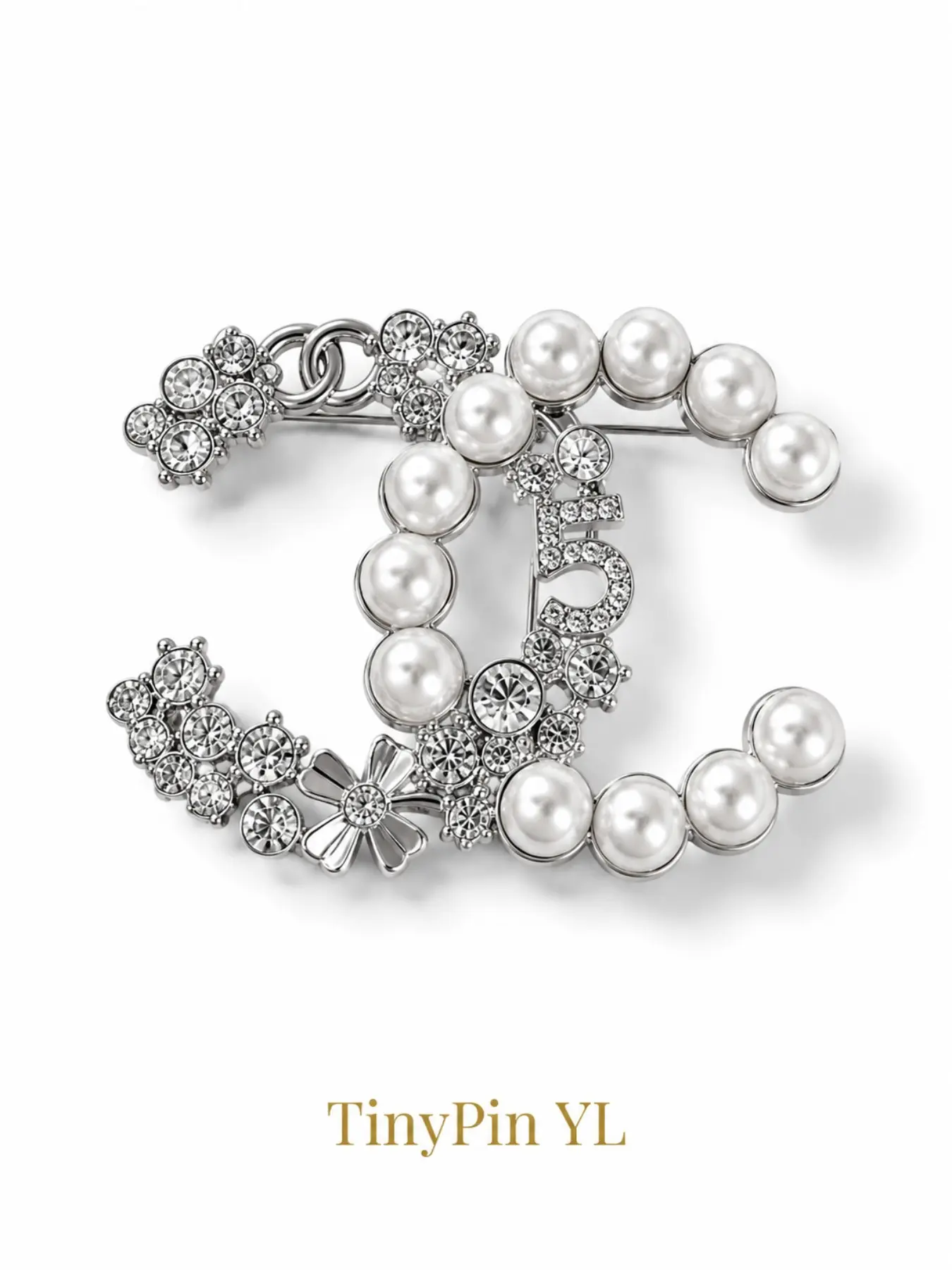 Women's Elegant Commuter CC Brooch, Dual Color Pearl Strand, Floral Rhinestone Design, Perfect for Collars, Hats, Scarves, Necklaces, Bags