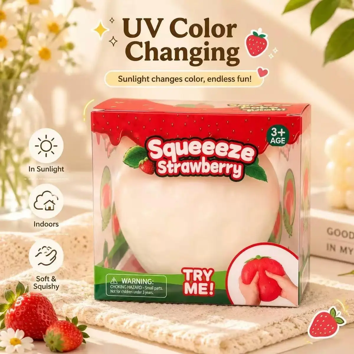 1pc Non-Edible Stress Relief Toy, Strawberry Soft Gel Replica Fruit, Squeeze Fun Pressure Release Toy, Stress Relief Squishy, Wholesale Available