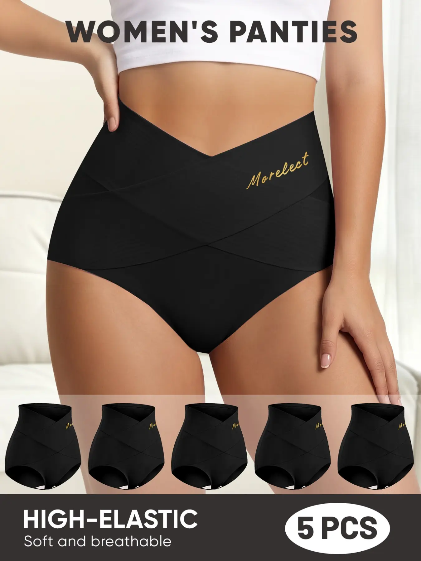 5-Pack Women's High-Waisted Shapewear Panties, Cross-Back Design, Comfortable Fit, Breathable, Stretchy, Daily Wear, No Roll, No Squeezing