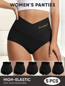 5-Pack Women's High-Waisted Shapewear Panties, Cross-Back Design, Comfortable Fit, Breathable, Stretchy, Daily Wear, No Roll, No Squeezing