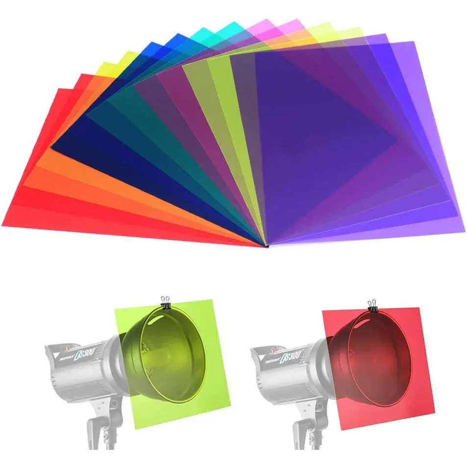 14-Pack Color Correction Gel Filter Sheets, 7-Tone Synthetic Lightweight Colored Overlays (11.7x8.3 in) for Additive and Subtractive Color Adjustment, Halloween, Camera/LED Light Accessories (Stage Users)