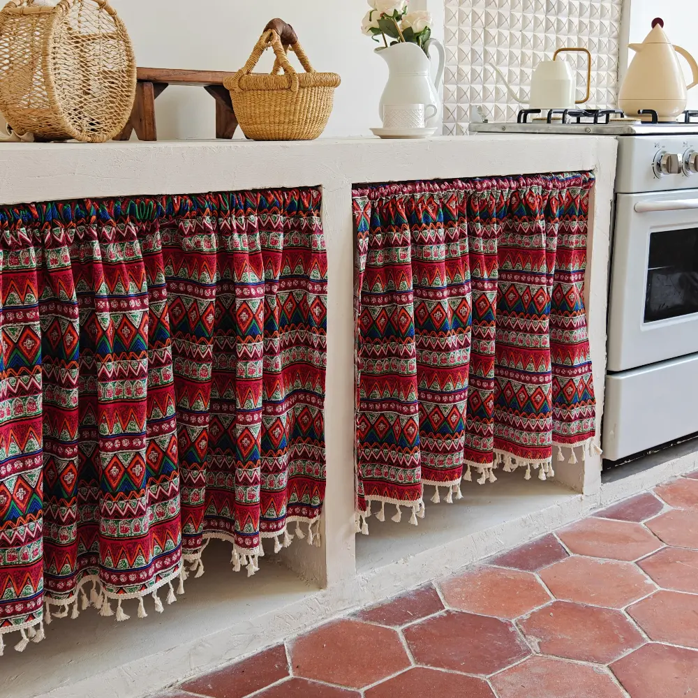 Boho Tasseled Home Decoration Curtains, Rustic Ethnic Pattern Kitchen Cabinet Curtains for Under Sink, Shelves, Cafe (Rod Not Included), Home Decoration Curtain