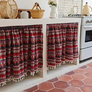 Boho Tasseled Kitchen Cabinet Curtains, Rustic Ethnic Pattern Cafe Curtains for Under Sink & Shelves (Rod Not Included)