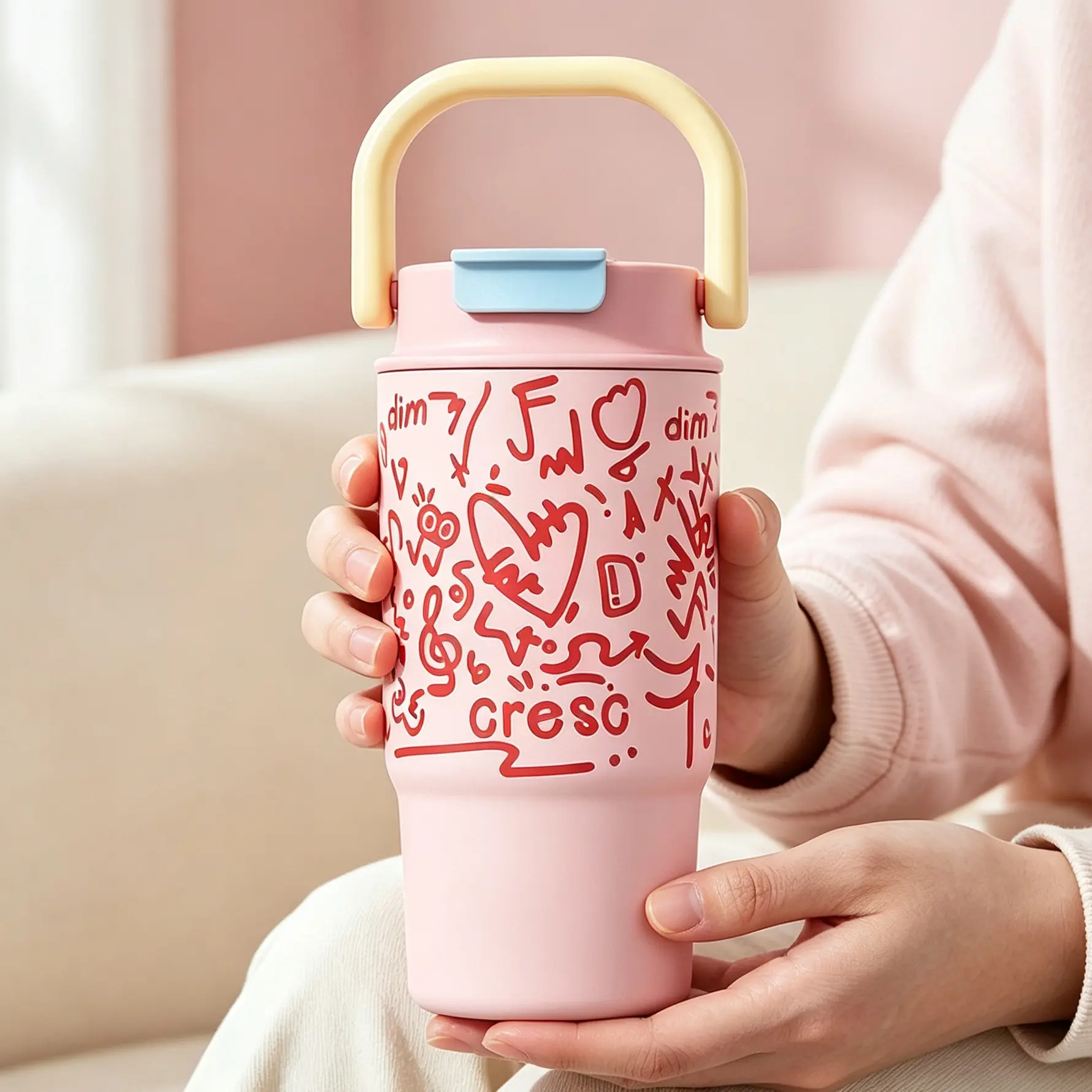 Pink Graffiti Thermos Cup, Dual-drink Stainless Steel Vacuum Cup, Leak-proof Travel Coffee Cup, Water Cup with Handle and Straw, Ceramic Coated Inner Liner, Keeps Hot and Cold, Suitable for Outdoor, Birthday, and Back-to-school Gifts