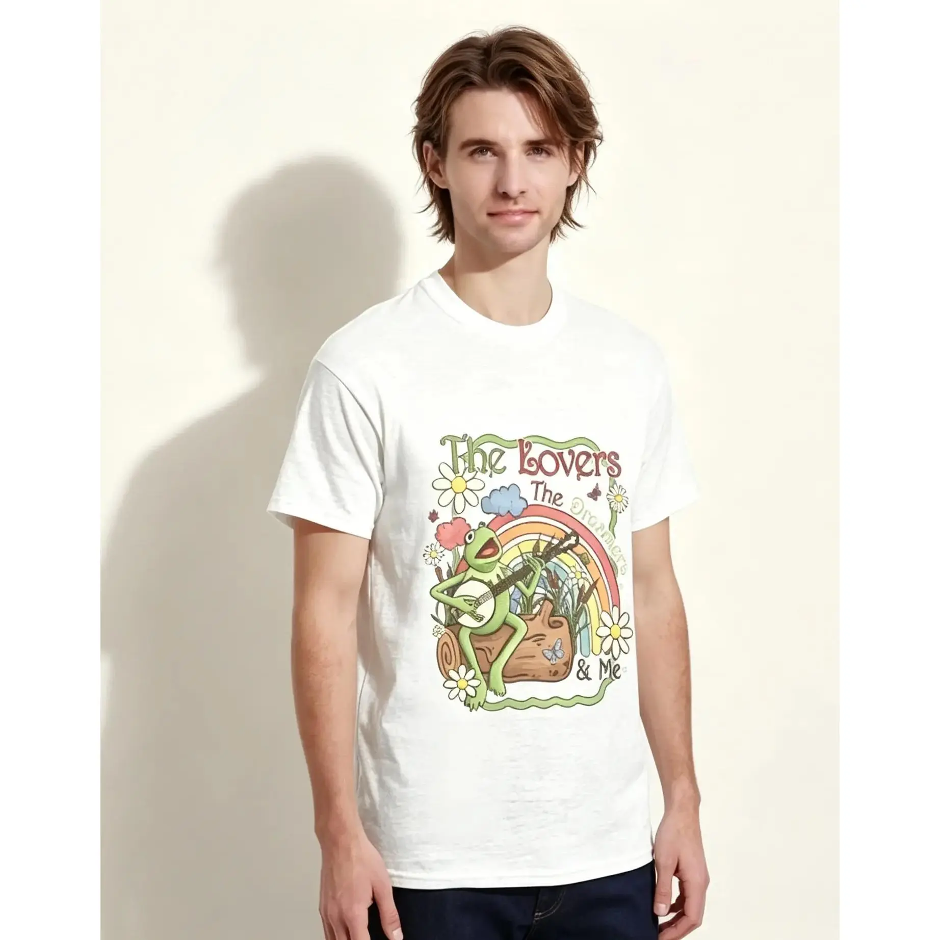 CASUALPRIME Vintage Watercolor Kermit the Frog Unisex Round Neck Graphic Tee - Muppets Rainbow Design, "The Lovers The Dreamers and Me" Print, Short Relaxed Fit Elastic Fabric Family Trip Top for Men